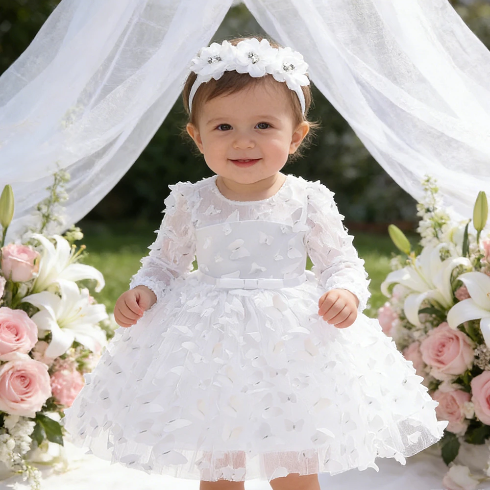 

Baby Princess White Costume for Girls Birthday Party Dresses Bowknot First Holy Communion Dress with Headband Baptismal Clothing