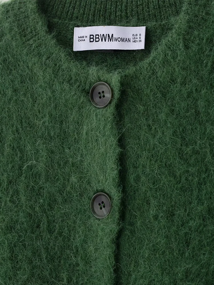 Europejski i amerykański styl, nowości na jesień 2025, odzież damska, dopasowana dzianinowa kurtka z okrągłym dekoltem, zapinana na guziki, z krótkim rękawem.