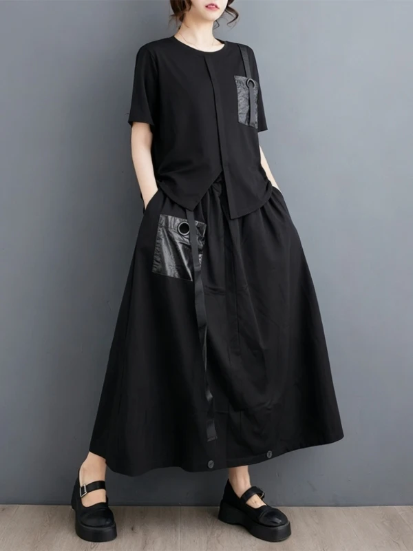 

Dark Style Casual Loose Midi Skirt with Pocket Asymmetrical Design Summer 2026 Women's Fashion Set Lightweight Short Sleeve T...