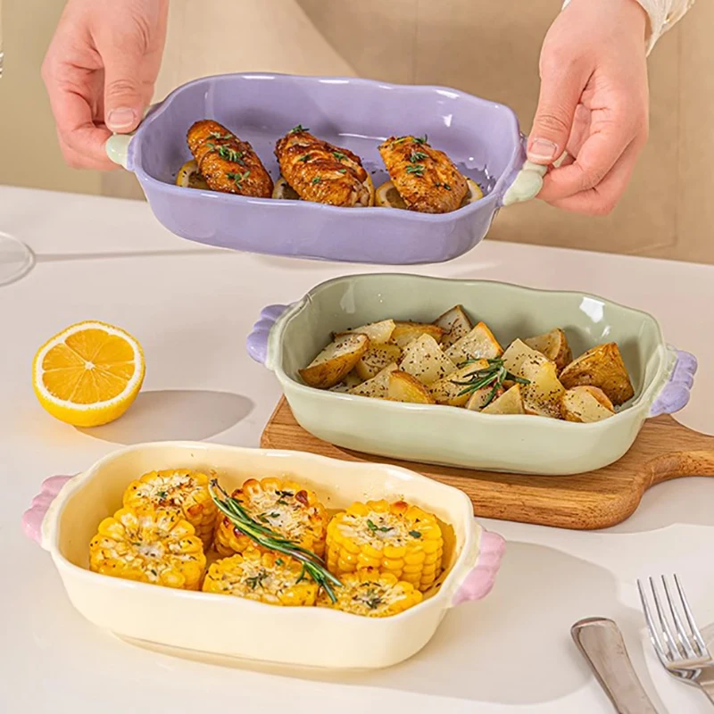Nordic Style Double Ear Baking Bowl Fashion Ceramic Tableware Large Capacity Baking Tray Household Microwave Oven Special Bowls