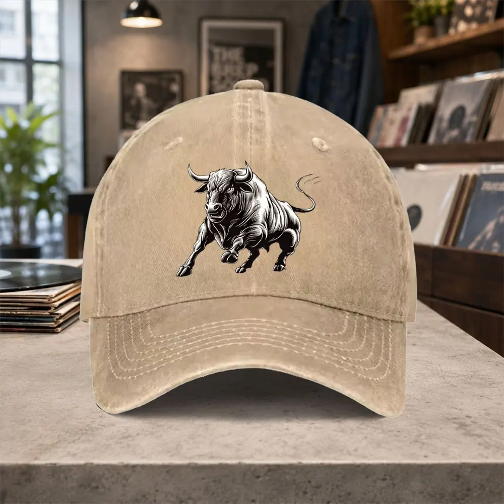Fierce Bull Print Washed Baseball Cap Unisex Adjustable Retro Casual Hat for Outdoor Daily Wear