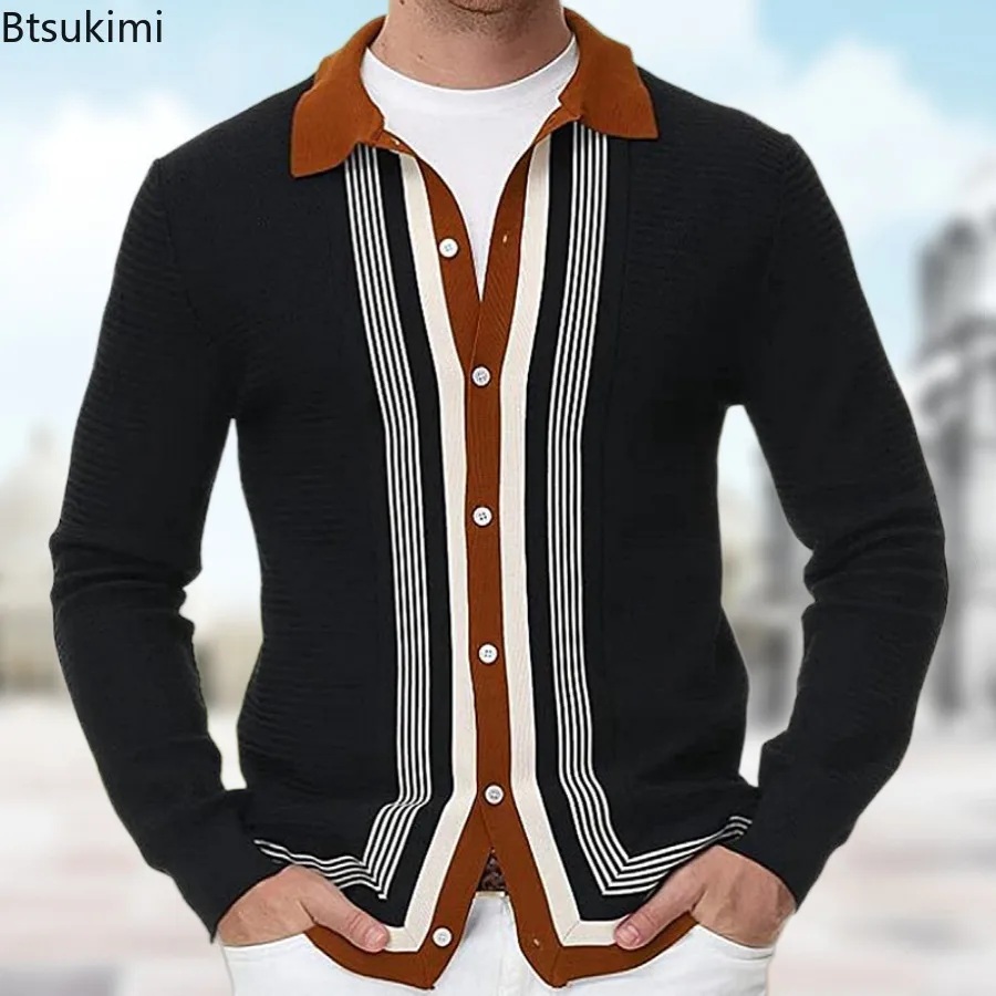 Spring Autumn New Men's Clothing Fashion Men Long Sleeve Knitted Cardigan Men Business Casual Striped Polo Shirts Knitwear Male