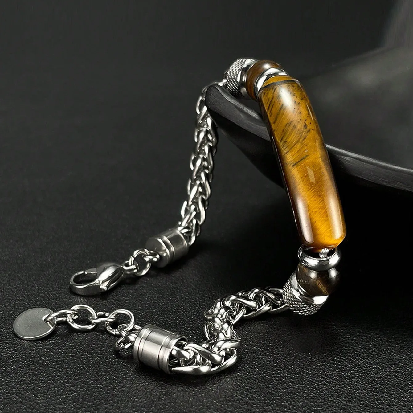 Stainless Steel Cuban Chain Bracelet Men Adjustable Unfading Tiger Eyes Obsidian Stone Braslet Cool Riding Accessories