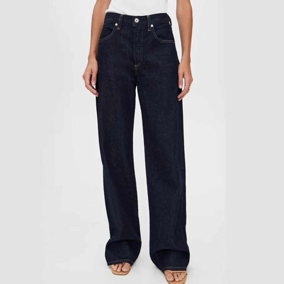 

Maxdutti French Minimalist Woman Clothes Commuting Casual High Waisted Navy Non Fading Women's Denim Straight Leg Denim Pants