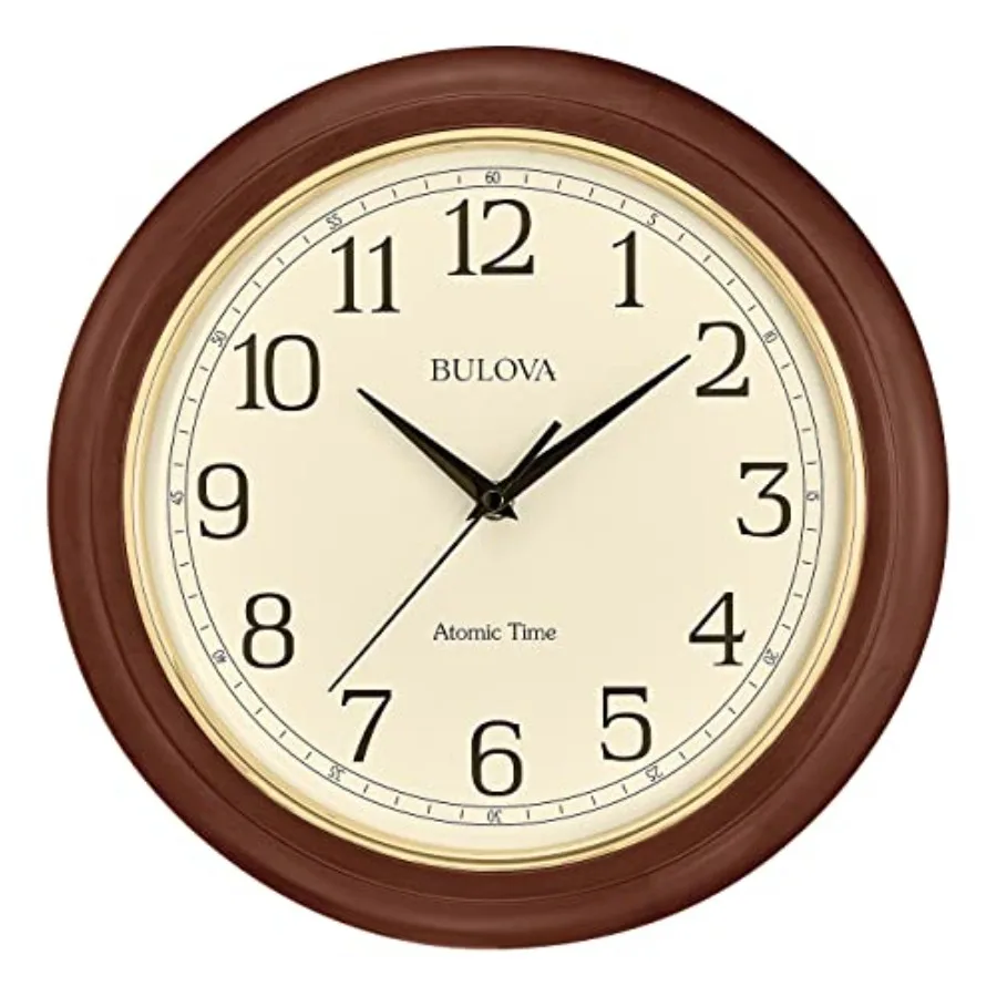 Atomic Time 2 Analog Wall Clock for home office use, wooden frame in natural brown, automatic time setting with quartz movement