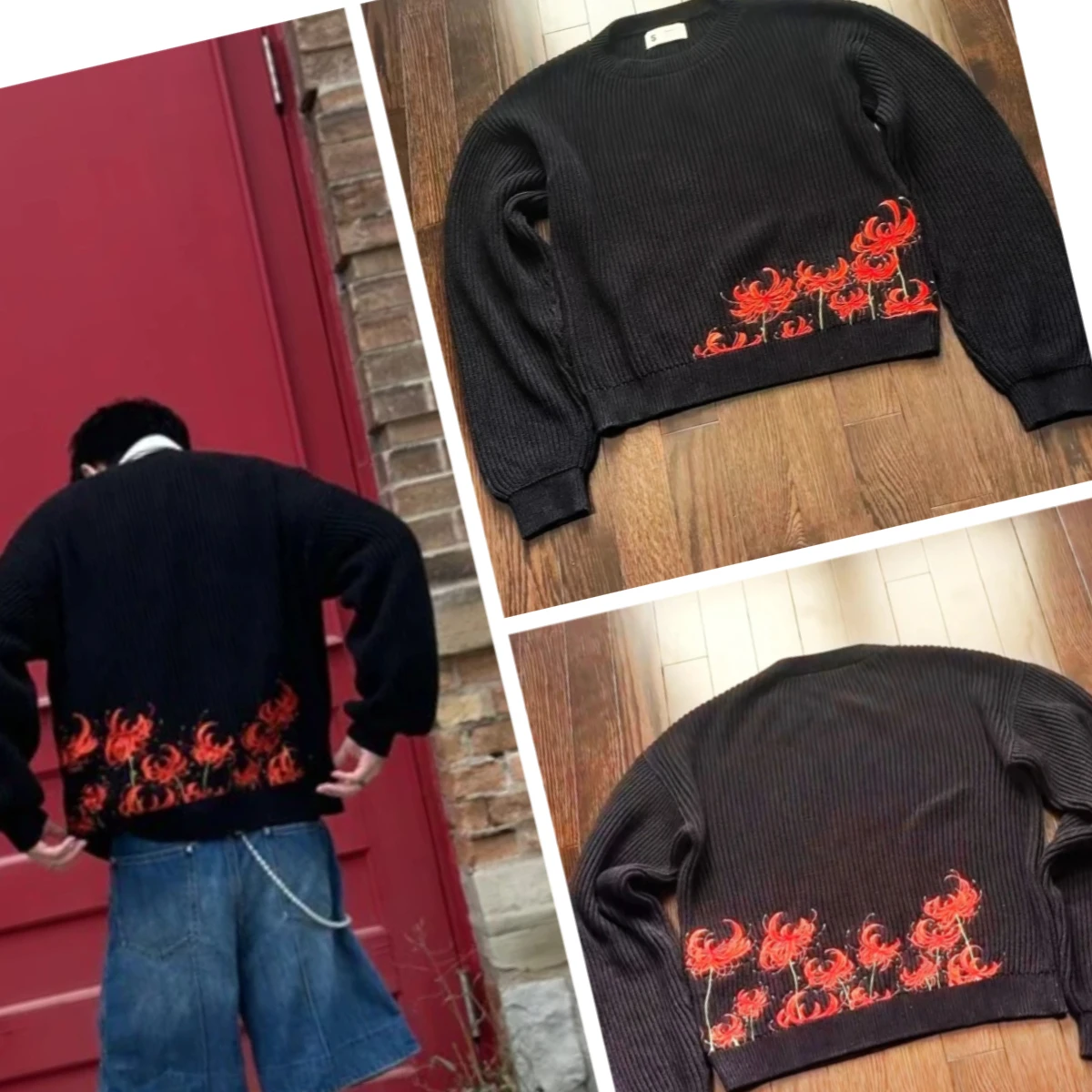 

Autumn and winter pullover flower knitted sweater embroidery pattern spider lily trendy hip hop Harajuku clothing Y2K retro top