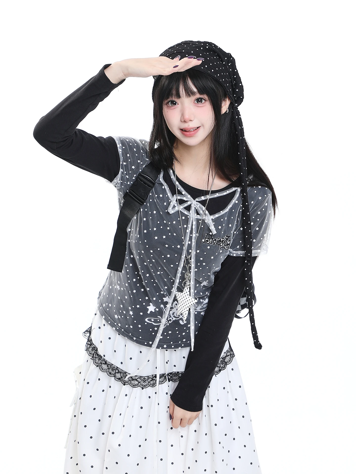 Elegant Long Sleeve Slim Fit Women's T-shirt College Style Polka Dot Print High End Feeling Charming Top Breathable Comfortable