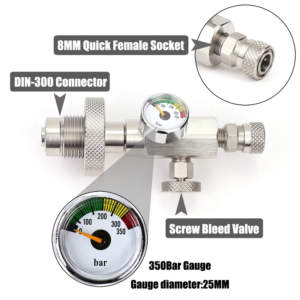 Diving  Fill Station DIN300 Charging Adapter Big Bottle To Small Bottle 5/8BSP Connector With Hose and Gauge Rated 300Bar