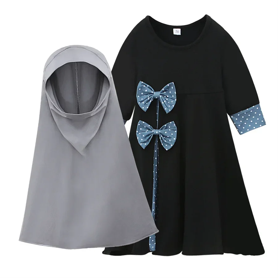 Traditional Muslim Kids Girls Abaya Hijab Maxi Dress Set Islamic Arab Robe Kaftan Prayer Headscarf Turkey Dubai Jalabiya Clothes