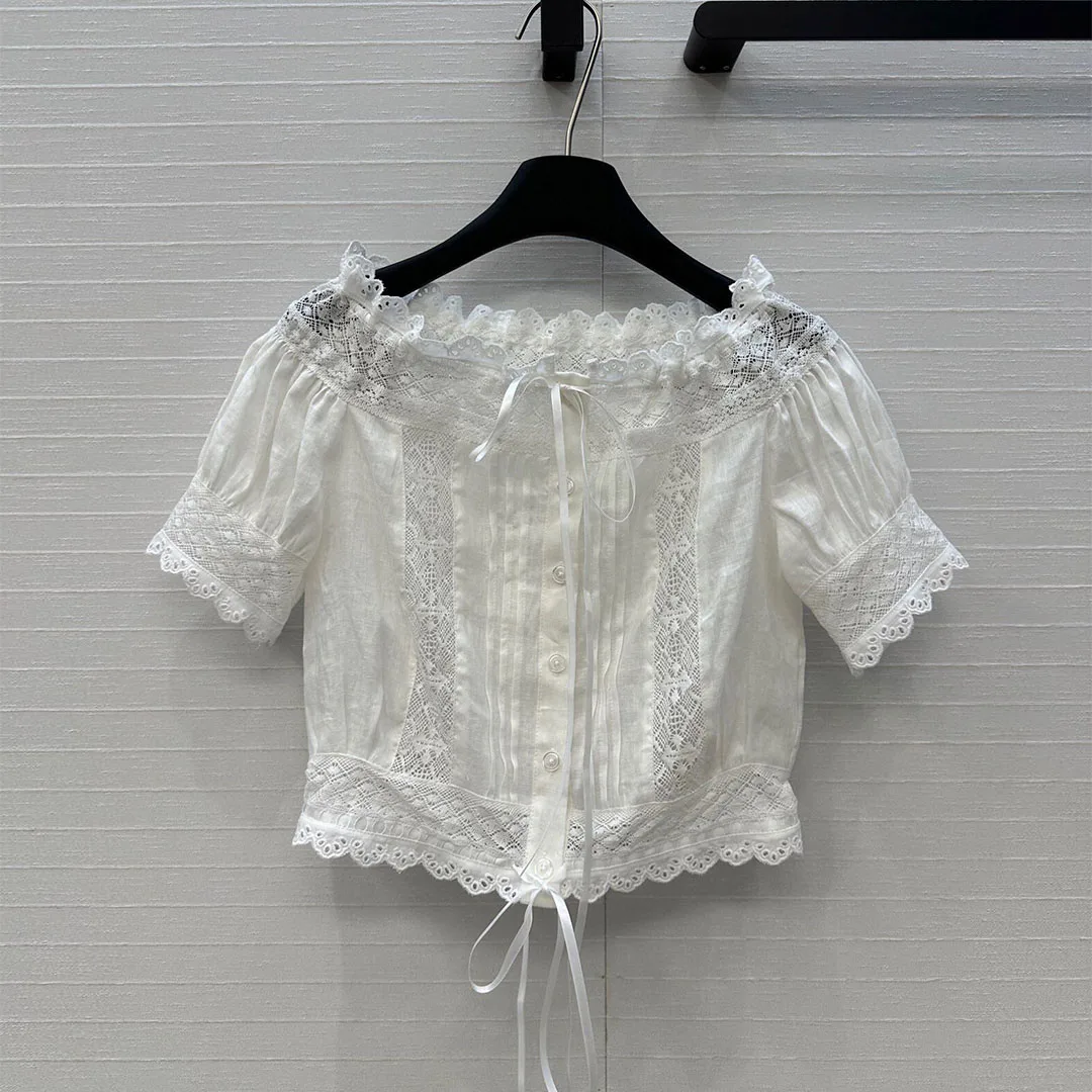 

Boho Holiday Style 100% Linen Sweet Tops Women Slash Neck Off Shoulder Short Sleeve Hollow Out Embroidery T-shirt