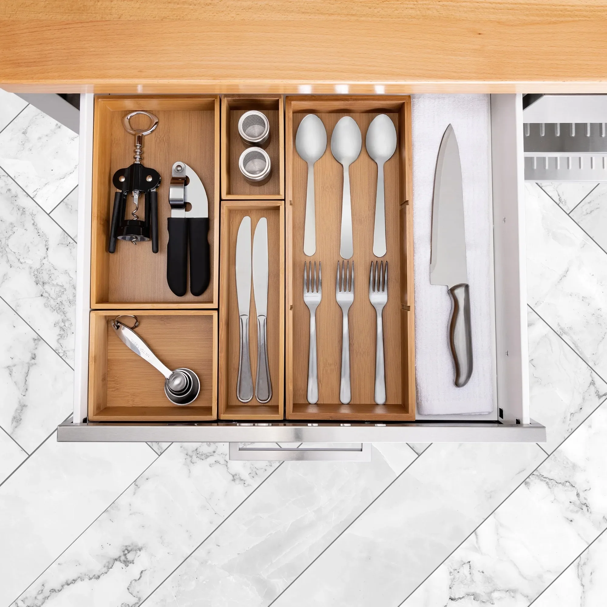 칸막이가 있는 5개의 대나무 수납함 세트, 주방용품, 사무용품, 화장품, 식료품 저장실 용품에 적합