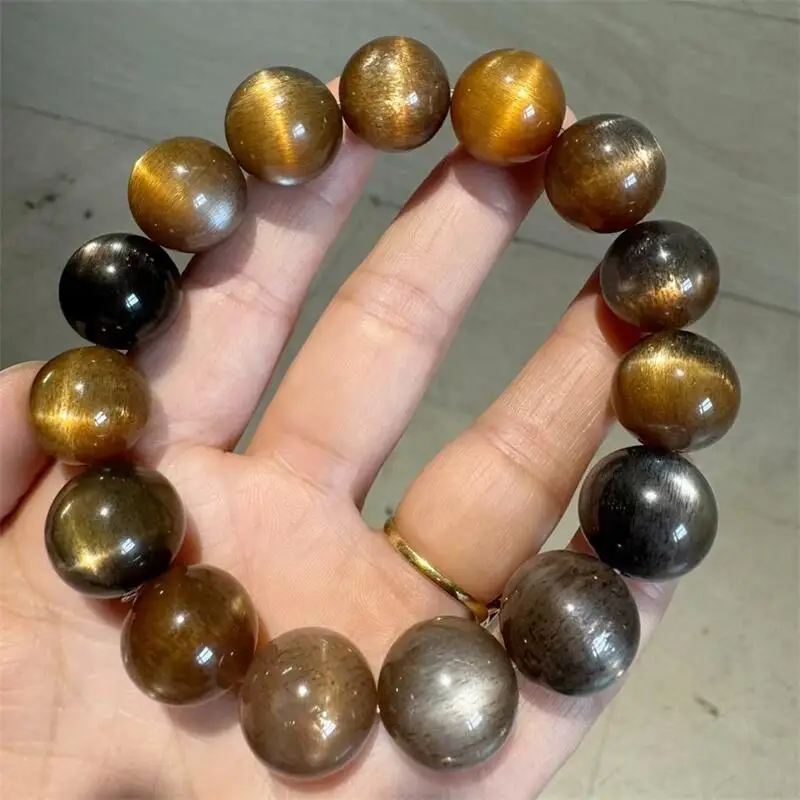 15MM Natural Black Gold Skeletal Quartz Bracelet Quartz Crystal Yoga Reiki Healing Stretch Bangles Female 1PCS