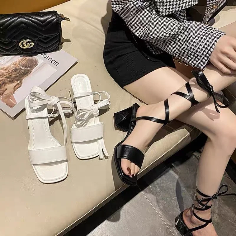 2026 New Summer Women Shoes Fashion Cross-tied Rome High Heels Party Block Heel Ladies Pumps Square Head Heightened Sandal 35-39 view 5