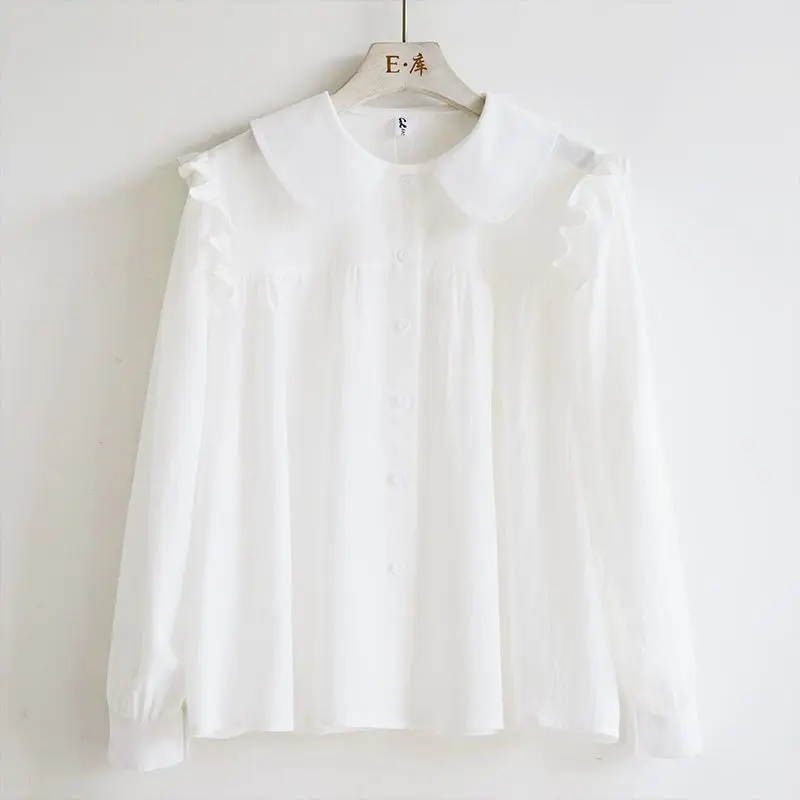 Sweet Pleated Loose White Blouse Spring Summer New Long Sleeve Solid Color All-match Shirt Tops Fashion Harajuku Women Clothing
