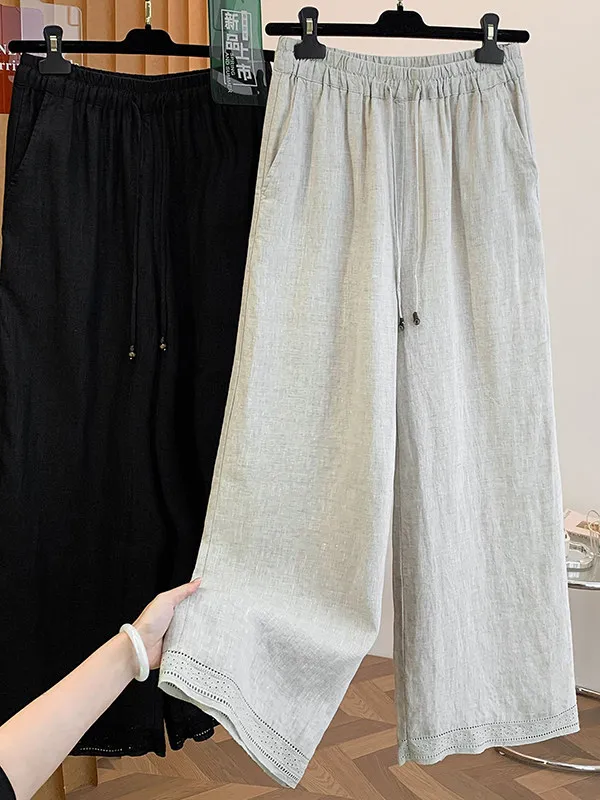 

Korean Brand Lace Trim Wide Leg Pants Women Summer Artistic Fashion Versatile Slimming Casual Trousers High Waist Straight Cut
