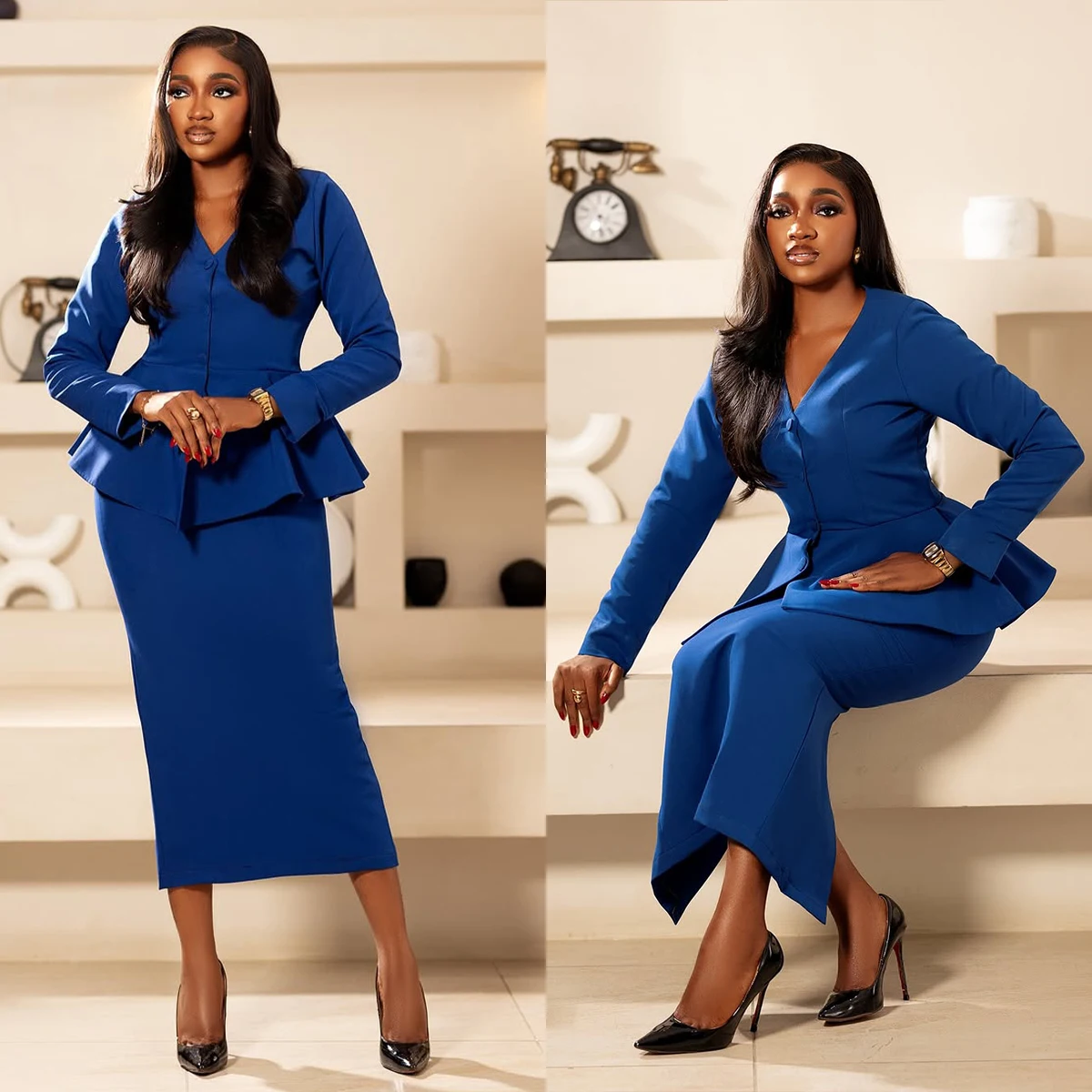 

Элегантный женский костюм с длинным рукавом, блейзер с v-образным вырезом + юбка чайной длины, комплект из 2 предметов, облегающий офисный женский костюм, комплект по индивидуальному заказу