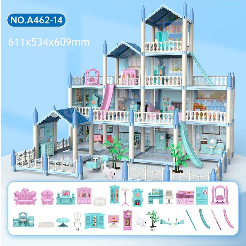 Princess Big Villa DIY Dollhouses Pink Castle Play House With Slide Yard Kit Assembled Doll House Toys for Girls Children Gifts