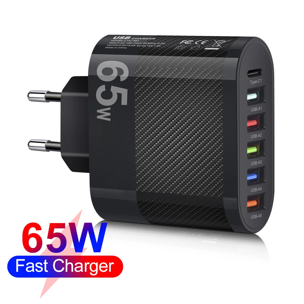 65W 6-Port USB Charger Station Desktop Charging Hub with Type-C QC3.0 PD Adapter for iPhone Samsung Xiaomi EU US  UK Plug