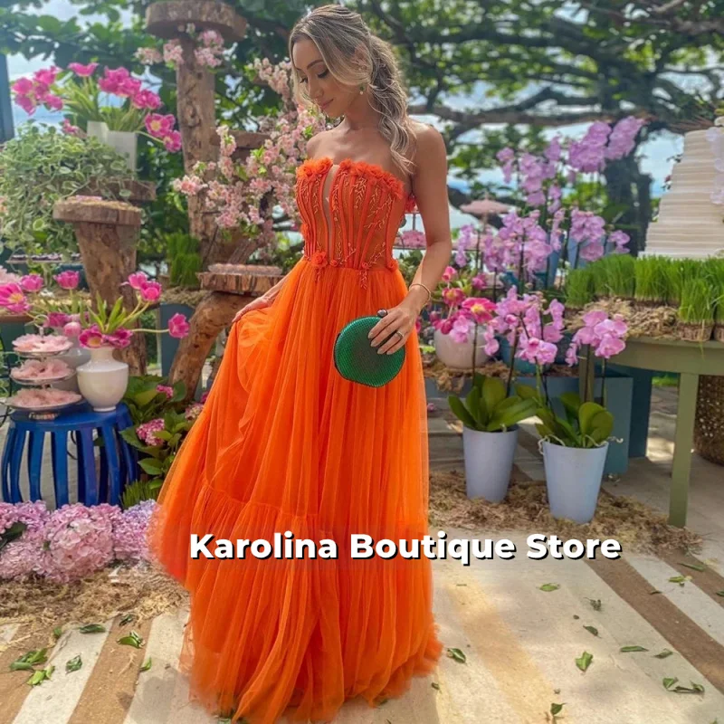 

Elegant Orange Strapless Sleeveless Evening Dresses Lace Floor Length Bridesmaid Dress Customized Tulle Prom Gowns with Flowers