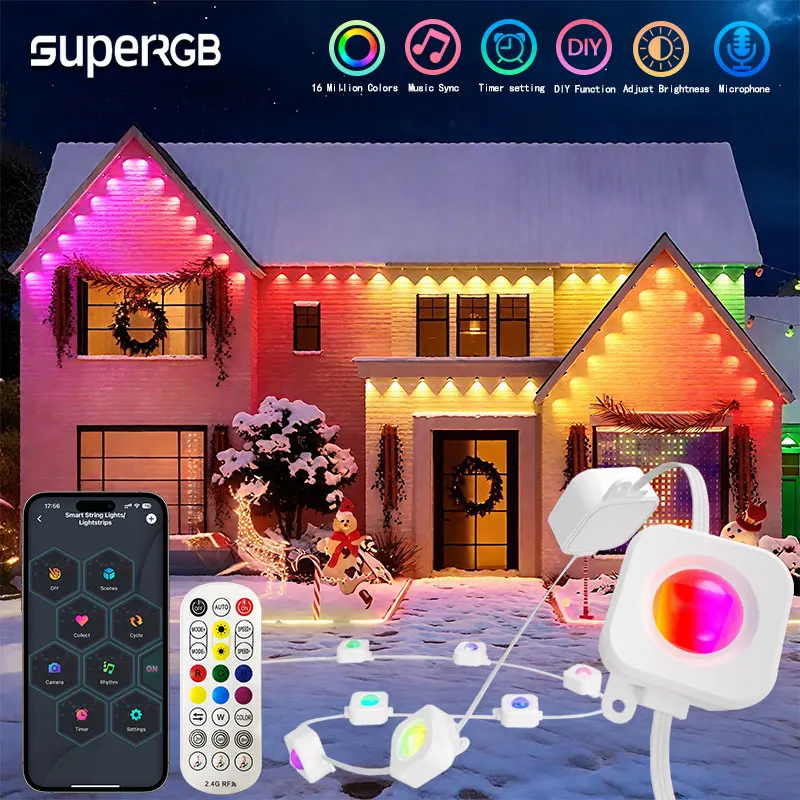 20M 40LEDs Smart RGBIC Eaves Lights Bluetooth APP Control Permanent Outdoor Music Sync Light Waterproof Halloween Lighting Alexa