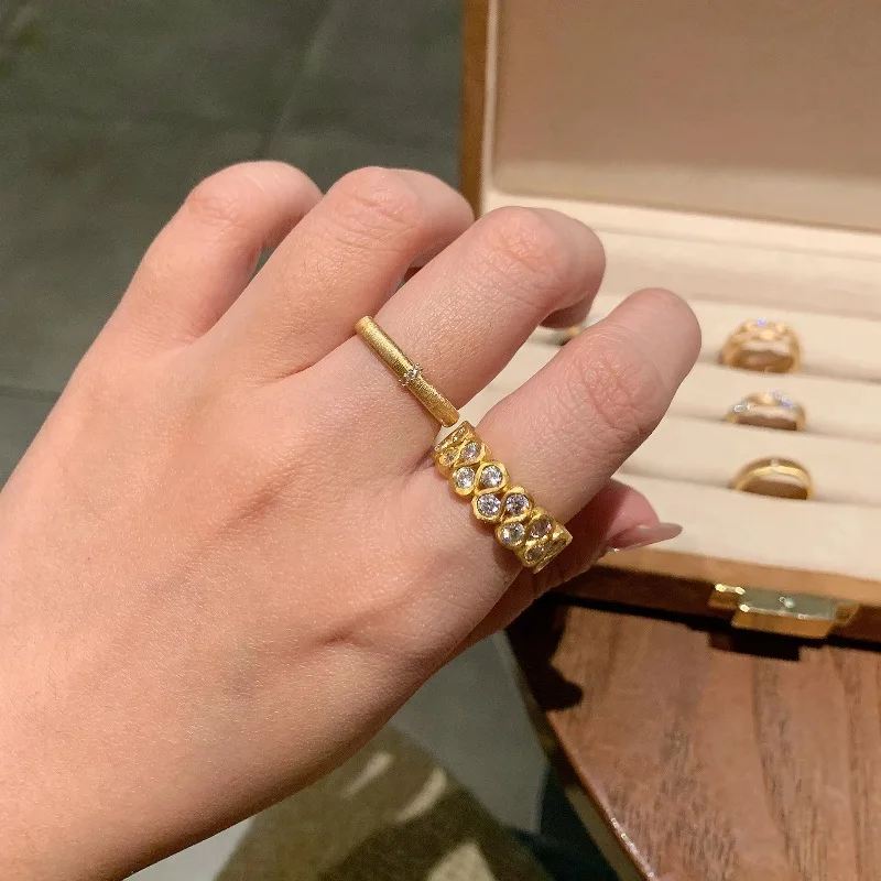Vintage brushed inlay diamond rings for women classic fashion double row round wide ring Couple style wedding banquet jewelry