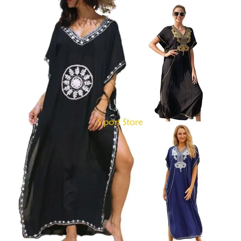 

U2JB женский сексуальный кафтан с v-образным вырезом и открытыми плечами, купальник, накидка, этническая цветочная вышивка, с по