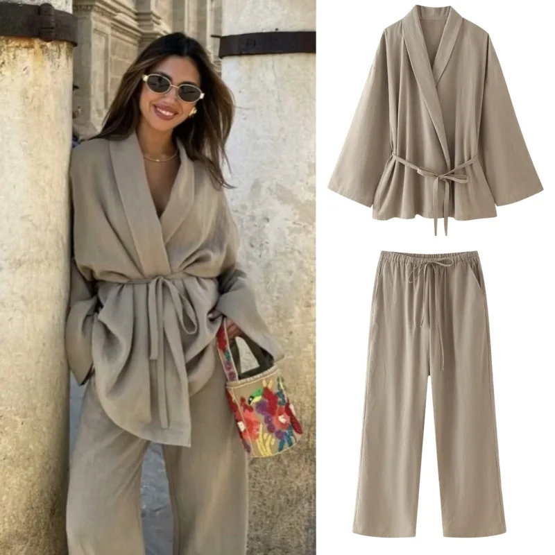 

Fashion Loose Wide Leg Pant Sets Women Lapel V Neck Long Sleeve Lace Up Tops Elastic Waist Tied Pants 2 Piece Ladies Solid Suit