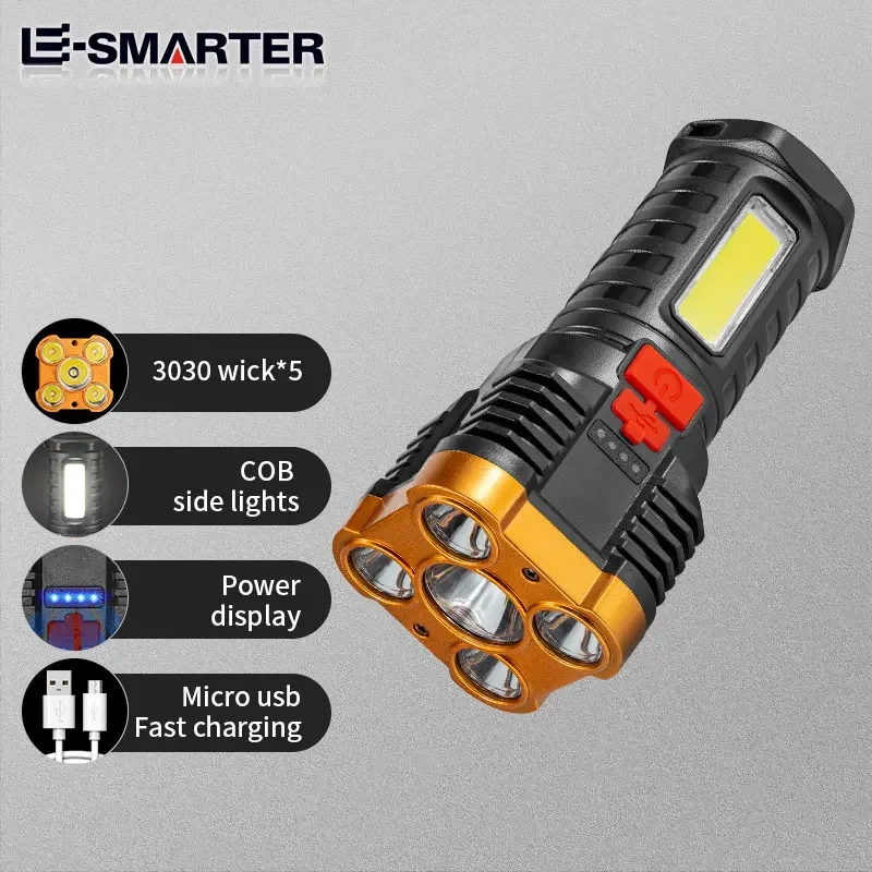 Imagem -04 - Lanterna Led Cob Portátil com Display Power Tocha Recarregável Luz Lateral Modos de Iluminação Camping Adventure Spotlight 5led