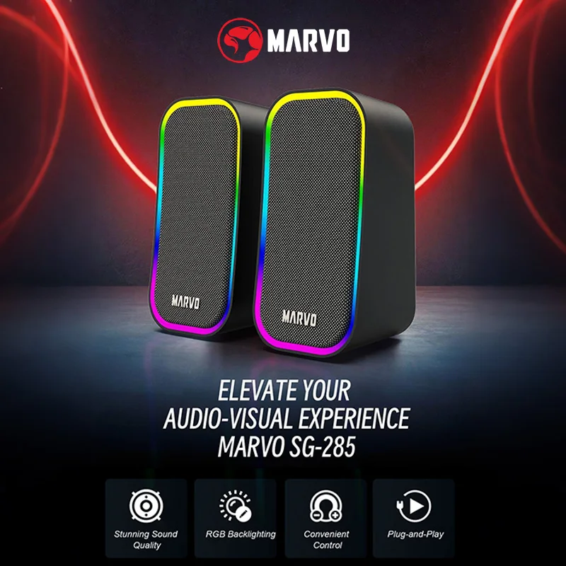 Marvo SG-285 Havoc 20 Wired Speakers RGB Light Volume Control Switch 5-Modes USB/3.5mm Input 1 Pair Of Desktops Speakers For PC