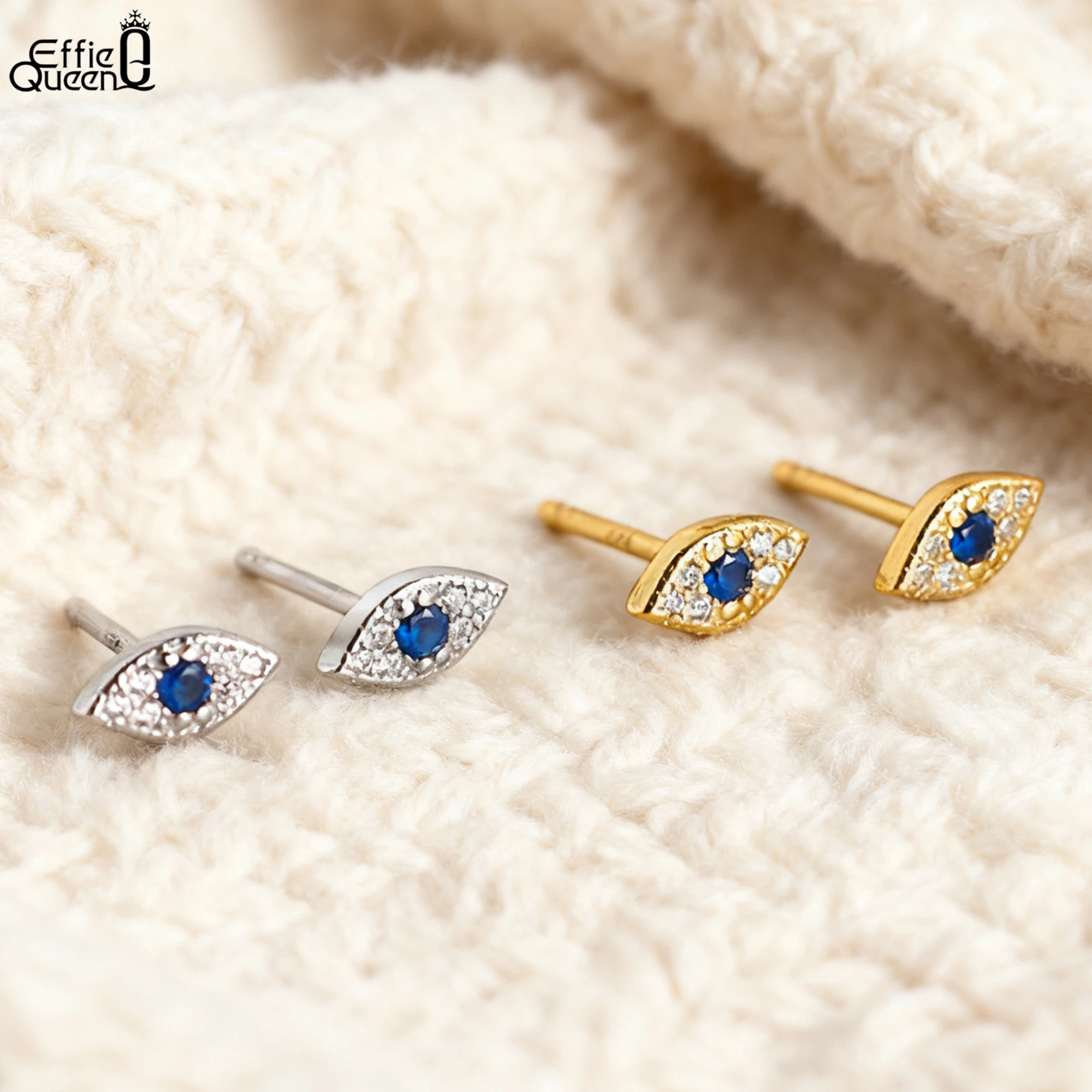 

Серьги-гвоздики Effie Queen S925 из серебра 14 карат с золотом от сглаза плюс идеальные украшения с синим цирконием для женщин, банкета, вечеринки, дня рождения APE28