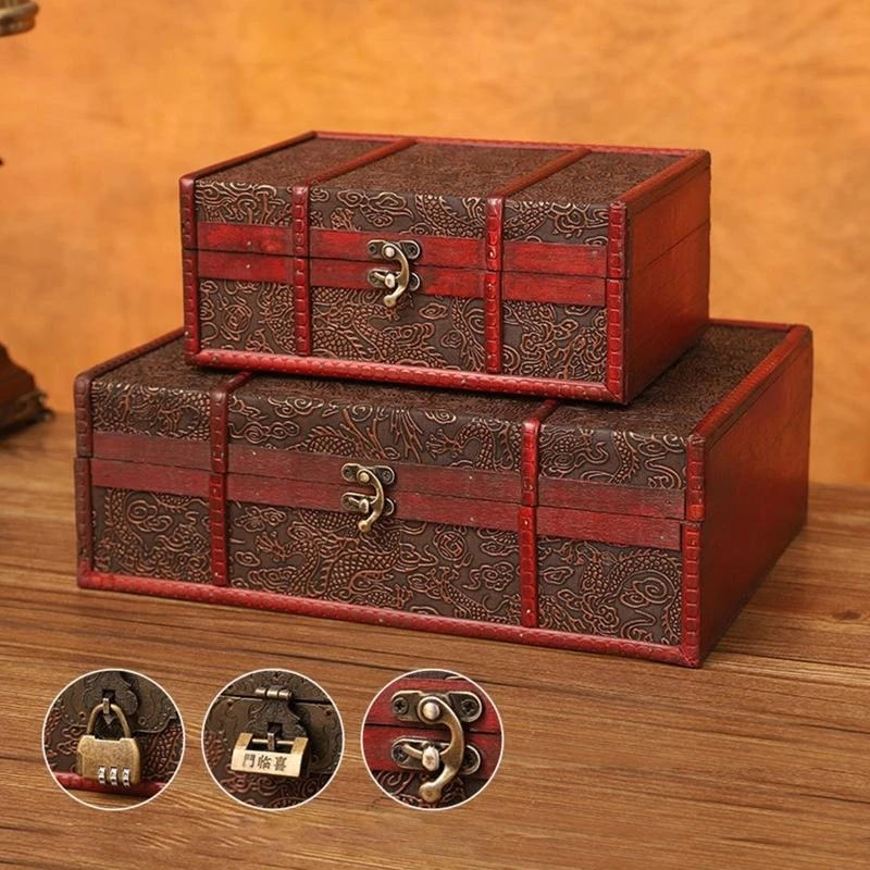 KX4B Vintage Wooden Storage Box Desktop Decorative Treasure for Case with Lock for Key Gift Box for Books Jewelry Document