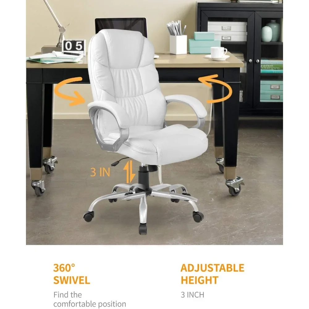 Office Chair Computer High Back Adjustable Ergonomic Desk Executive PU Leather Swivel Task with Armrests Lumbar Support (White)