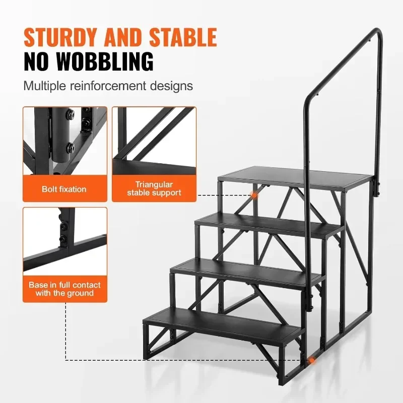 VEVOR RV Steps, 4-Step RV Stairs, 440 LBS Load Capacity, Thickened Carbon Steel, with Handrail, Non-Slip Steps for Safe Entry