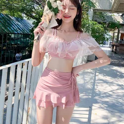 Korean Sweet Girls Swimsuit Hrarjuku Style Split Beach Skirt Bikini Swimwear with Cup Women's High Waist Mesh Lace Bathing Suits