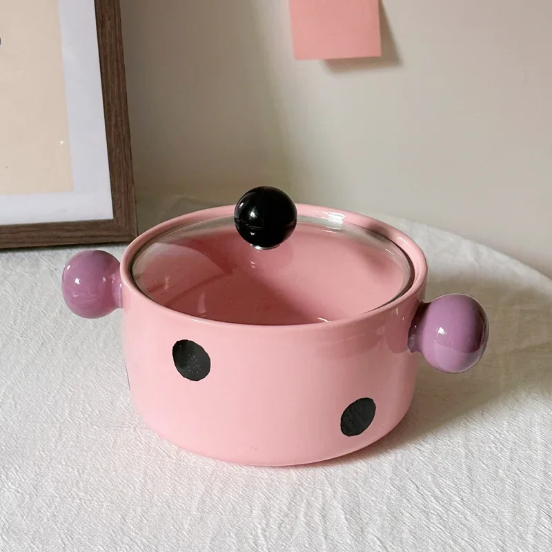 Korean Style Ceramic Noodle Bowl with Lid, Cute Wave Point Anti-scald Soup Bowl, Microwave Safe Tableware for Kitchen Daily Use