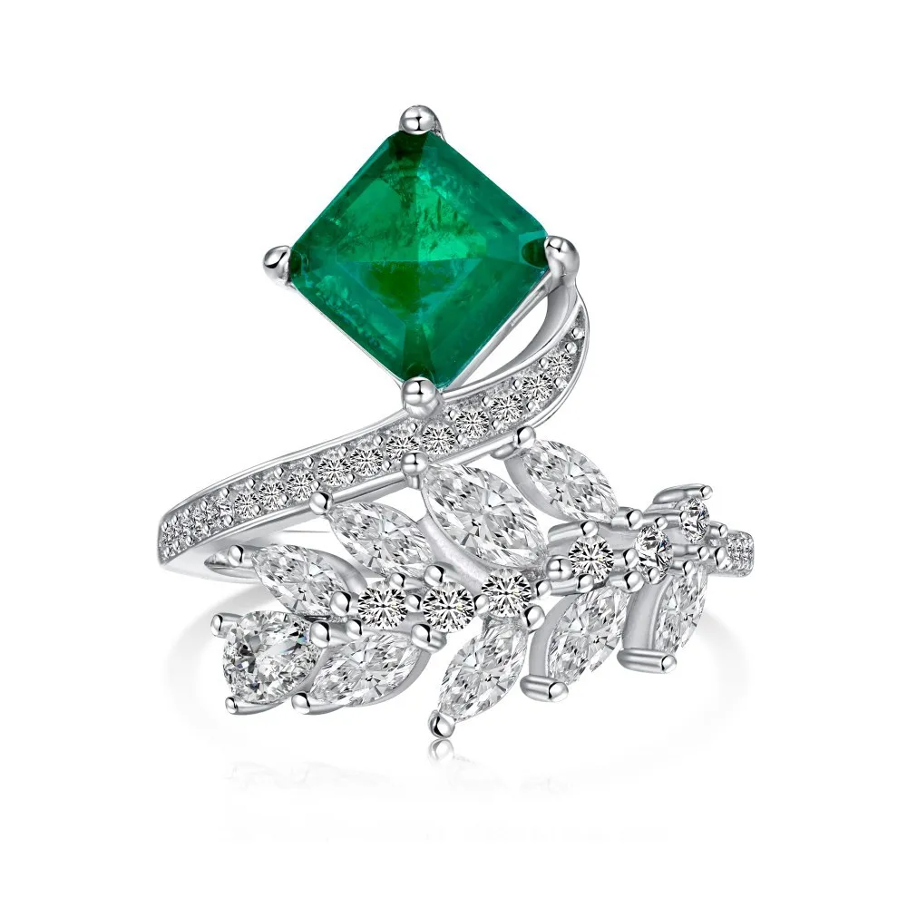 S925 Silver Ring with Leaves Surrounding Emerald Main Stone Fashion Design Ring Jewelry