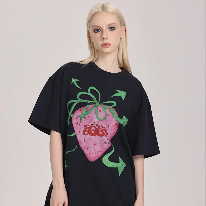 

Strawberry Cartoon 3D Printed Pattern Shirt, Oversized Street Wear Grunge T-shirt Y2k Aesthetic Casual Harajuku Quick Drying Top