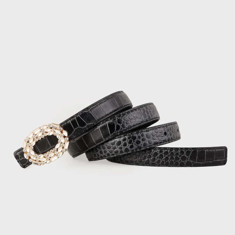 ヴィンテージワニ柄牛革女性ジーンズベルトストラップラインストーンスライドバックル本革ウエストベルト緑赤-cinturon