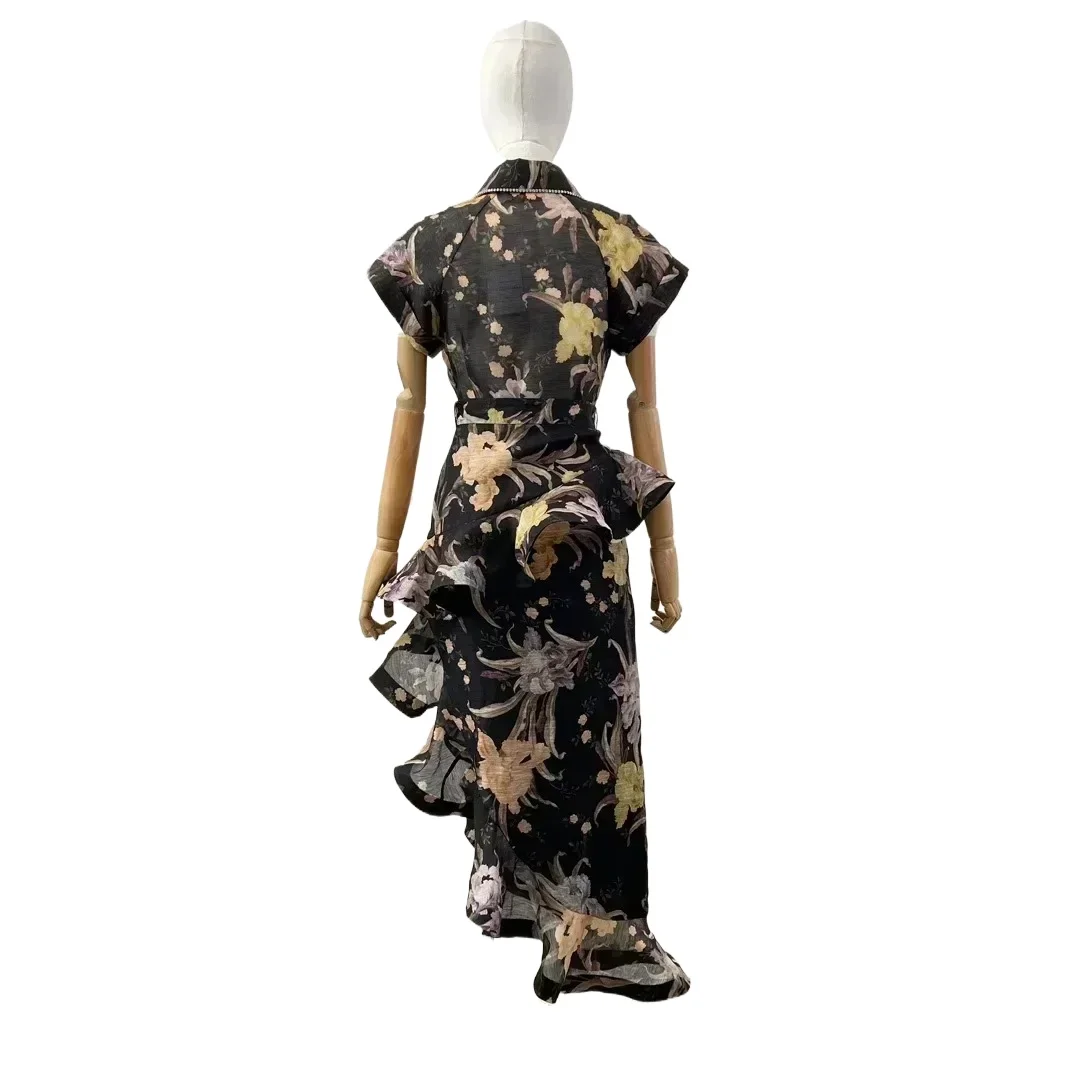 

Short Sleeve Diamonds Blouse and Irregular Hem Ruffles Skirt Set Silk Linen New Vintage Holiday Collection Black Floral Print
