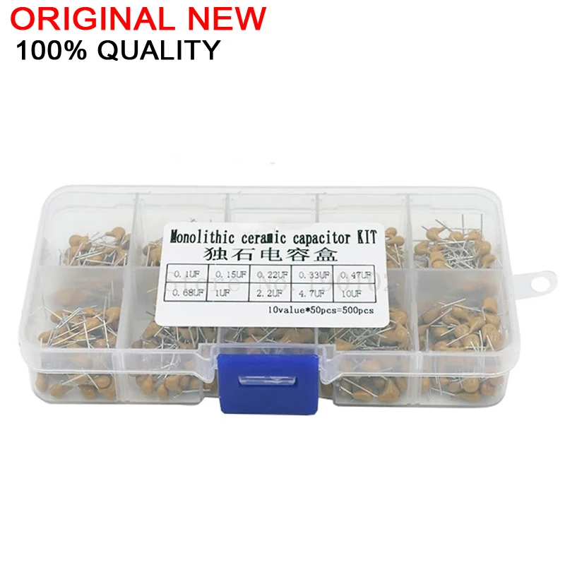 500PCS/lot=10Values*50PCS  Multilayer Ceramic Capacitor Assortment Kit 50V  0.1uF-10uF(104~106) Ceramic Capacitors New