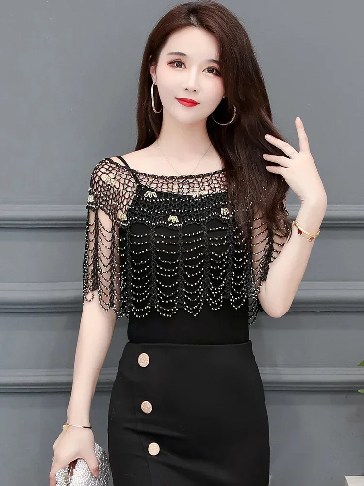 Fashion beaded outer with casual pullover vest with skirt small coat fashion Korean version blouse