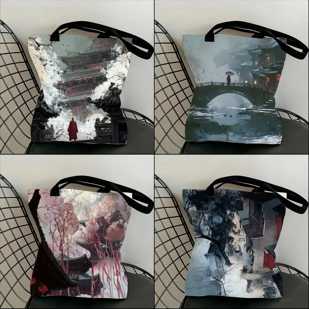 

Maple Bridge Night Mooring Scenery Storage Bags Lightweight Canvas Shoulder Shopper Fashionable Eco Multi Use Tote with Large Ca