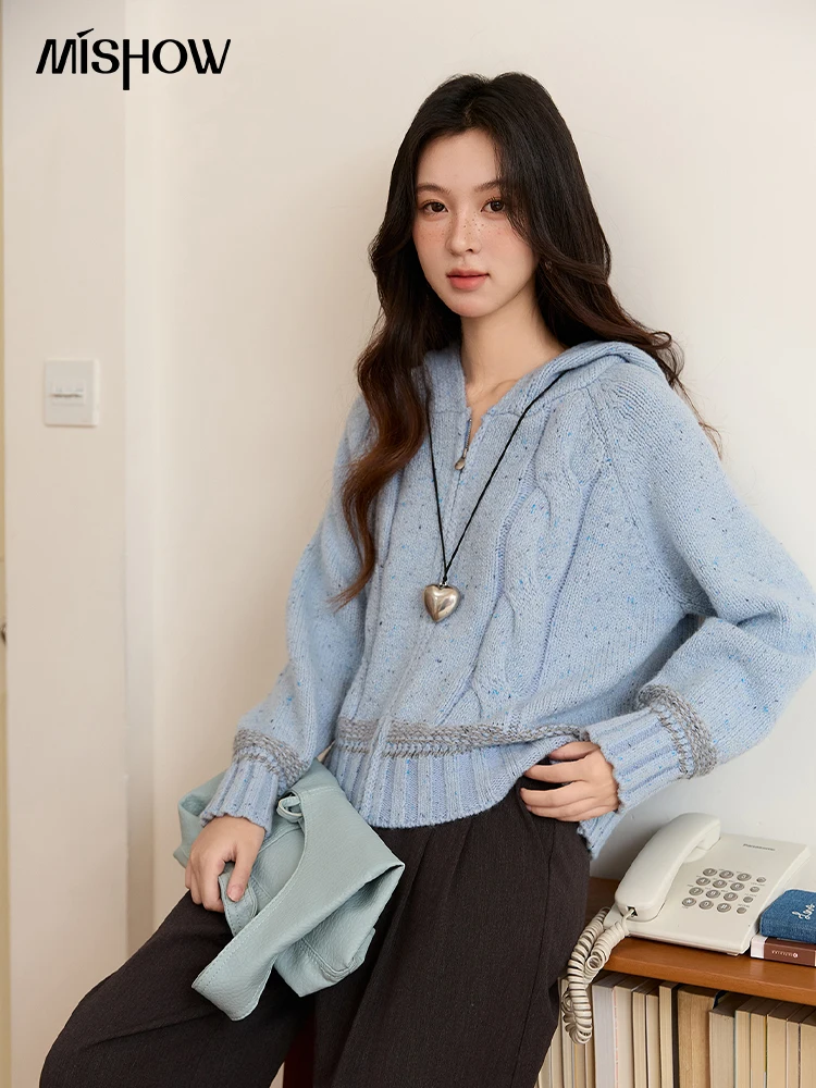 

MISHOW Dot Hooded Cardigan Women's 2025 Winter Retro Blue Cable Knitted Zipper Jacket Long Sleeve Tops for Woman MXE47Z2620