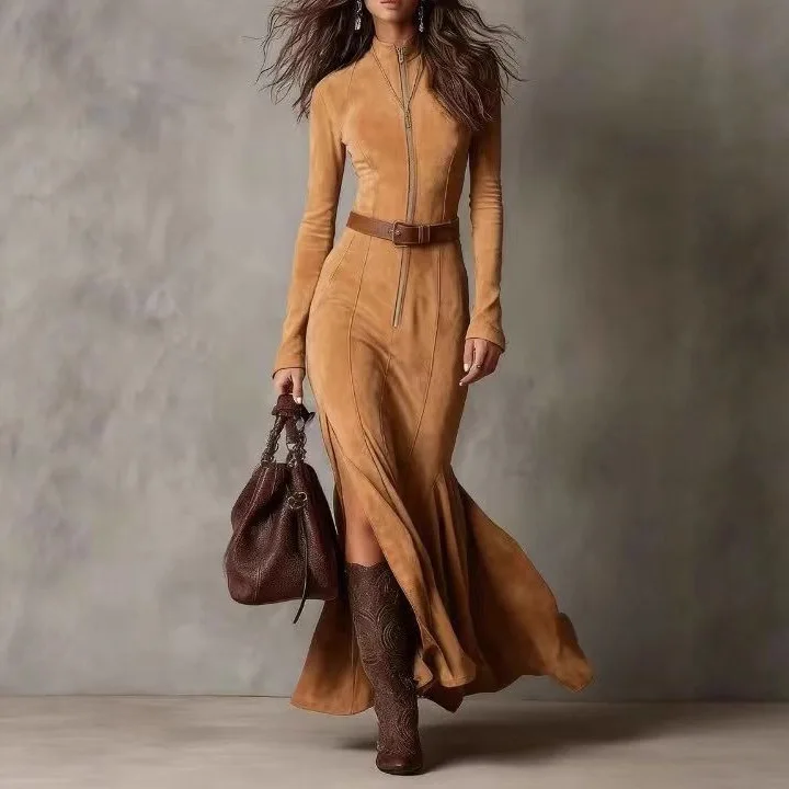 YAMBABEL 보헤미안 카우보이 시크 드레스 여성 패션 긴 소매 사이드 슬릿 지퍼 프론트 가을 겨울