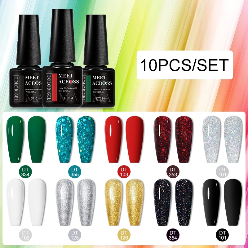 

MEET ACROSS 10pcs/set 7ml Nail Gel Polish Kit Christmas Gift Winter Color Collection Semi-permanent Varnish New Learner Nail Set