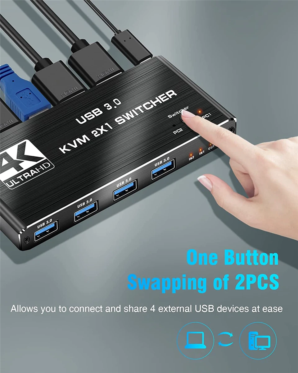 KVM-переключатель 4K USB 3,0, переключатель 8K HDMI-совместимый KVM-переключатель 2 в 1 для 2 ПК, совместное использование клавиатуры, мыши, EDID / HDCP принтера