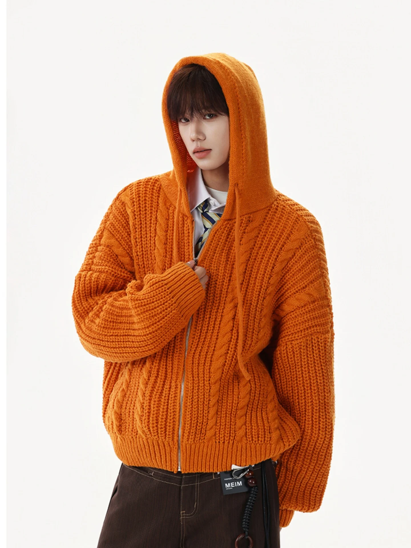 

Мужской осенне-зимний свободный вязаный свитер-кардиган American Sle Pumpkin Orange с капюшоном, вязаная верхняя одежда в стиле Lazy Knitted