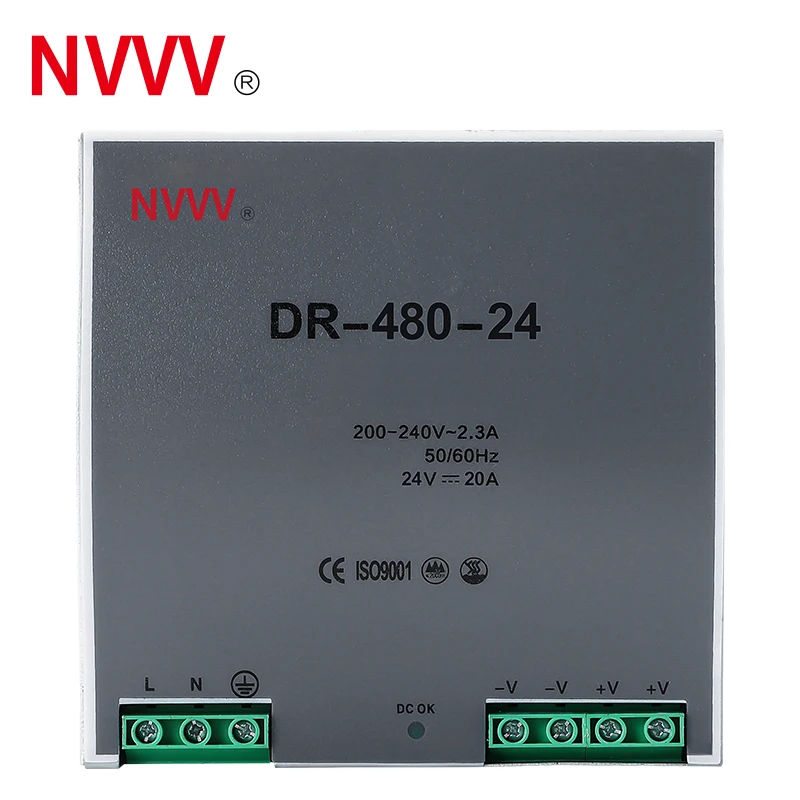 NVVV Single Output 480W Din Rail Switching Type Industrial Power Supply DC 24V 20A 48V 10A DR-480-48 DR-480-24