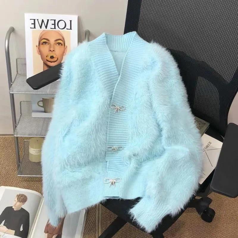

Imitation Mink Fur Sweater Jacket Spring and Autumn Style Loose V-neck Knit Sweater Women's Cardigan