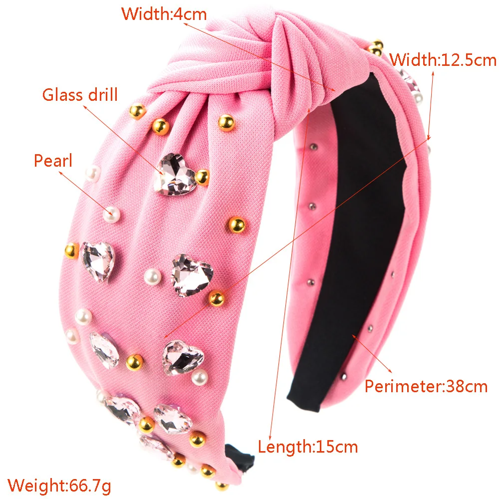 Fashion Trend New Valentine's Day Headband Korean Style Knotted Fabric Pearl Heart Glass Drill Decorative Hairband